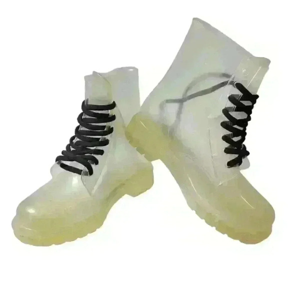 Unknown Shoes - Women's Transparent Thick Sole Waterproof Ankle Rain Work Mud Boots Lace Up 7.5